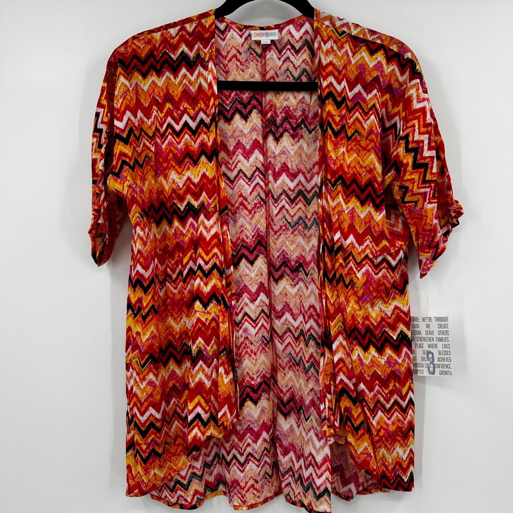LuLaRoe Bianka Kids Size‎ 3 Kimono Red Orange Chevron Zigzag Open Front Boho